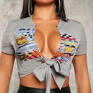 Race Car Graphic Front Tie Gray V-Neck Crop Top NWOT